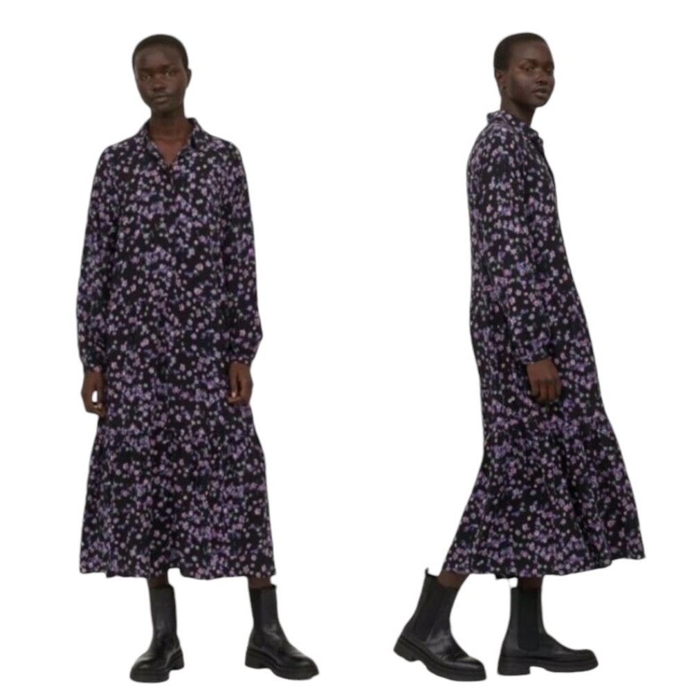 H&M S Microfloral Loose Fit‎ Midi Dress